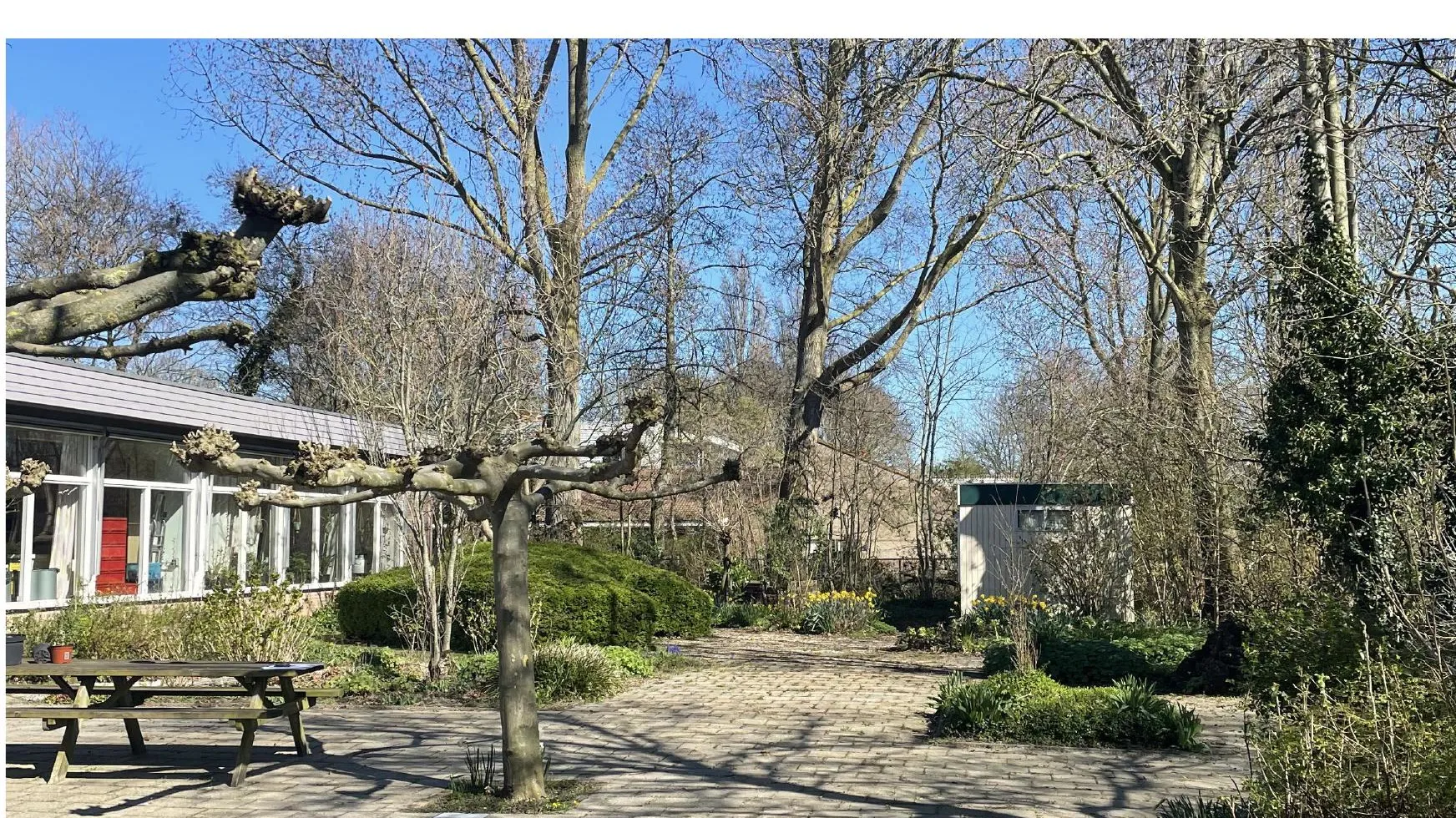 De groene tuin van het huidige dagactiveringscentrum aan de Berkenweg in Schagen