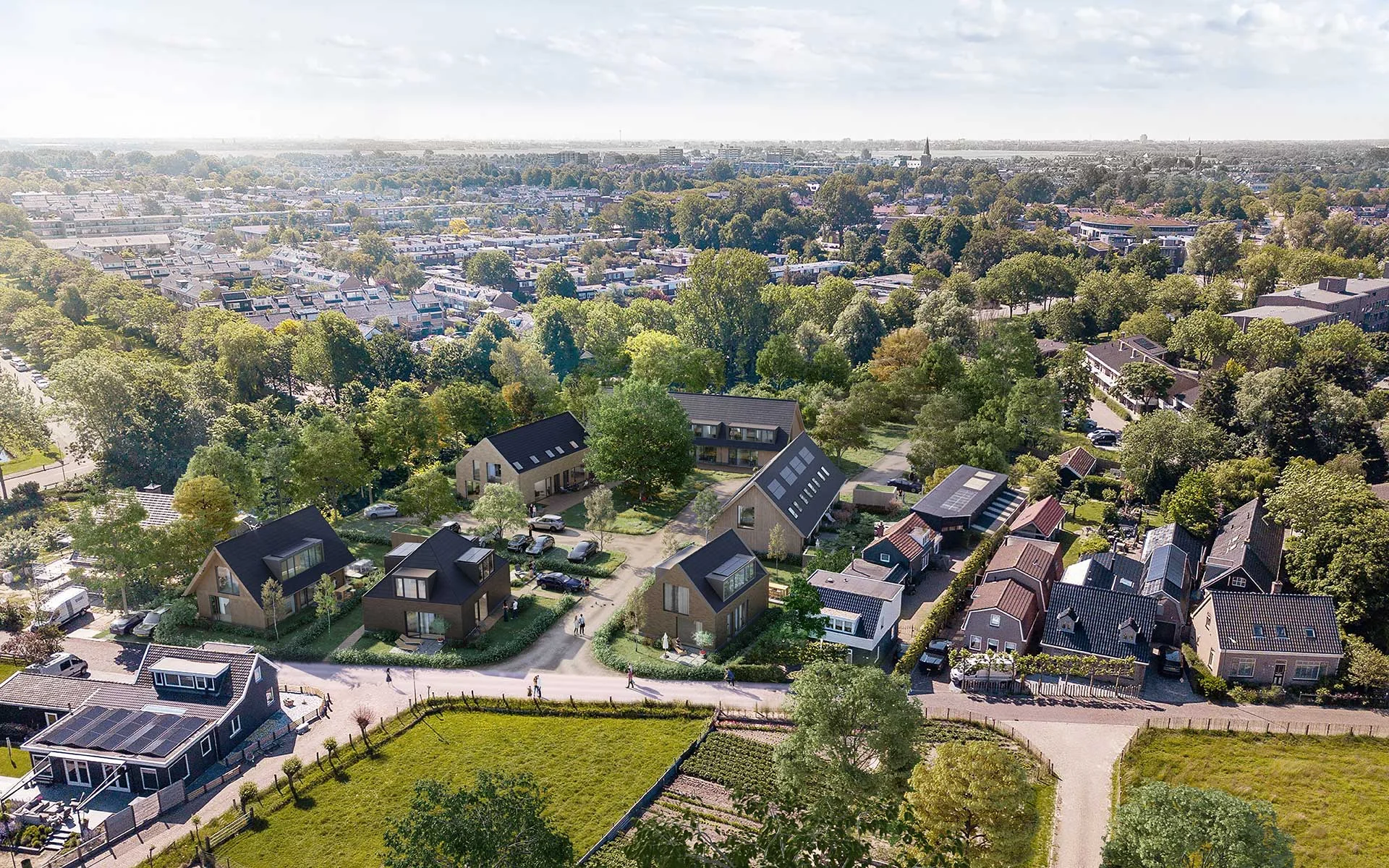 Artist impression in vogelvlucht van Brakershof aan de Brakersweg in Castricum